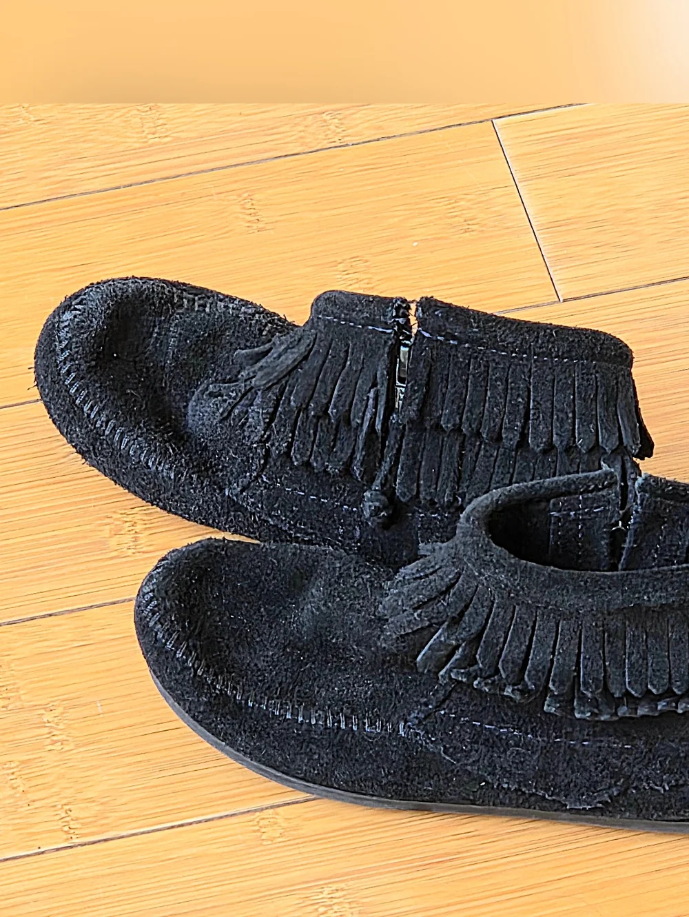 Minnetonka Moccasins Ankle Booties Black Suede Double Fringe Zip Boots Kids 2